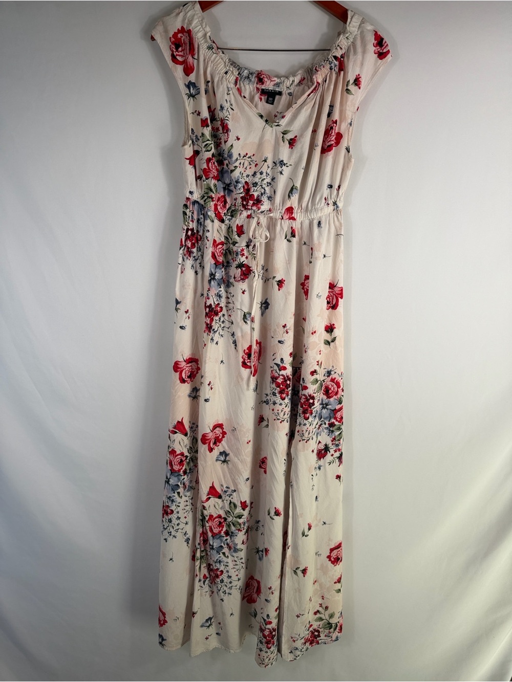 Torrid Floral Tie-Waist Long Maxi Dress Sleeveless Cream with Red. Womens 00 - Picture 3 of 7